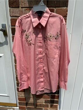 Las Olas Pink Womens S Appliqué Floral Dragon Fly Long Sleeve Button Down Shirt